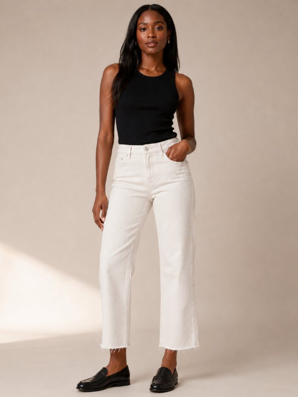 Pistola Cream High Rise Crop Wide Leg Raw Hem Jeans Womens Sz 28